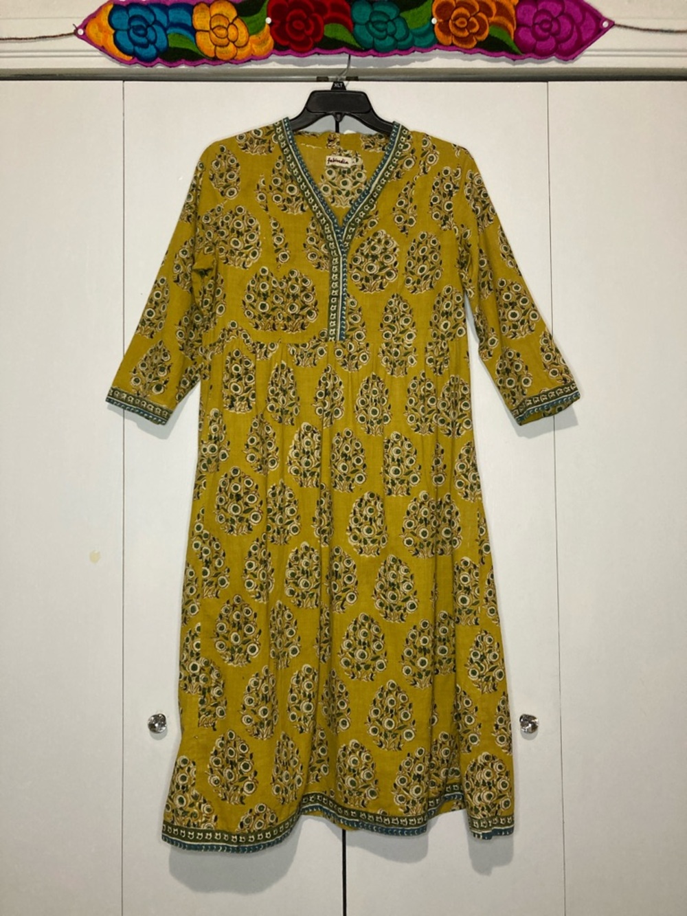 fabindia Bohemian Peasant Medium Ochre Mustard Yellow Floral Block Print Dress